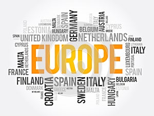 Europe List of cities word cloud collage, travel concept