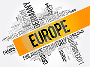 Europe List of cities word cloud collage, travel concept background