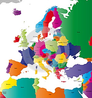 Európa farba vektorová mapa s podpísané krajín.