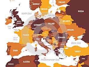 Europe map - brown orange hue colored on dark background. High detailed political map of european continent with country