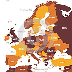 Europe map - brown orange hue colored on dark background. High detailed political map of european continent with country