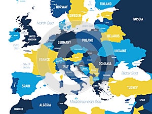 Europe map - brown orange hue colored on dark background. High detailed political map of european continent with country