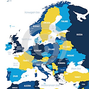 Europe map - brown orange hue colored on dark background. High detailed political map of european continent with country