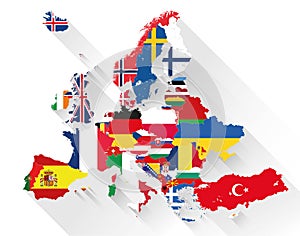 Europe map with countries flags incorporated inside. Flat style vector illustration with drop shadow