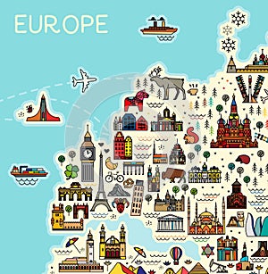 Europe Map with Famous Sightseeing. Travel Guide. Vector