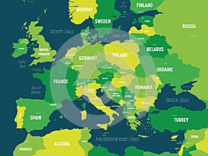 Europe map - green hue colored on dark background. High detailed political map of european continent with country