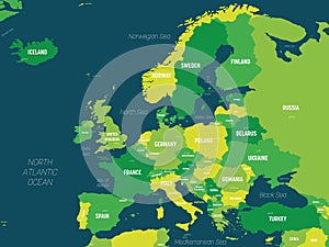 Europe map - green hue colored on dark background. High detailed political map of european continent with country