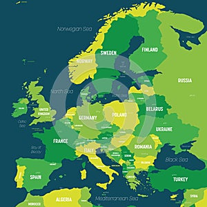 Europe map - green hue colored on dark background. High detailed political map of european continent with country