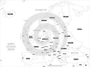 Europe map. High detailed political map of european continent with country, capital, ocean and sea names labeling