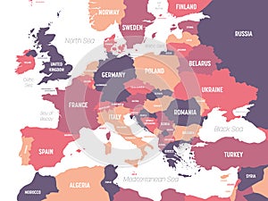 Europe map. High detailed political map of european continent with country, ocean and sea names labeling