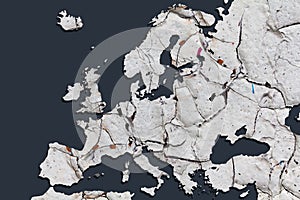 Europe map with many cracks symbolic of contradictions and disagreement