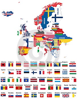 Europe map mixed with countries national flags. All european flags vector collection