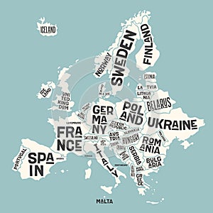 Europe, map. Poster map of the Europe with country names