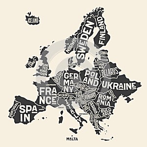 Europe, map. Poster map of the Europe with country names