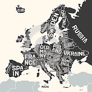 Europe, map. Poster map of the Europe with country names