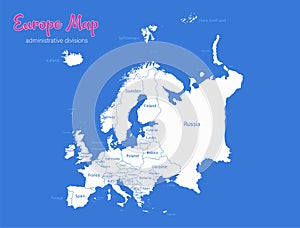 Europe map, separate states whit names, blue background