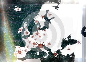 Europe map showing the outbreak of corona virus covid-19 in sketch and kirlian aura styles
