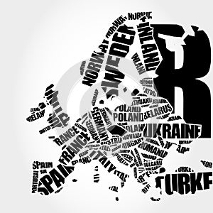 Europe Map in Typography word cloud