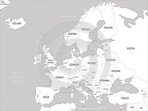 Europe map - white lands and grey water. High detailed political map of european continent with country, capital, ocean