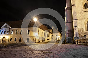 Europe old city street night time long exposure photography landmark view of Slovakia rustic town historical center district