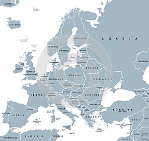 Europe with part of Middle East, Western Eurasia, gray political map