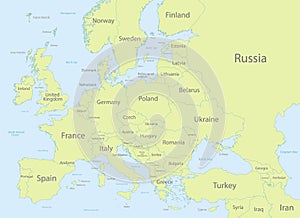 Europe with parts of Asia classic color detailed map, individual states and islands and sea with names