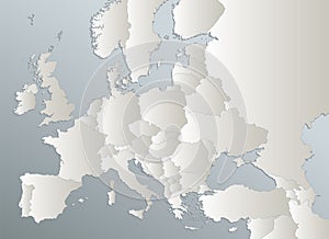 Europe with parts of Asia, detailed map, individual states and islands and sea, blue white card paper 3D, blank