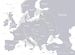 Europe with parts of Asia, gray white detailed map, individual states and islands and sea with names