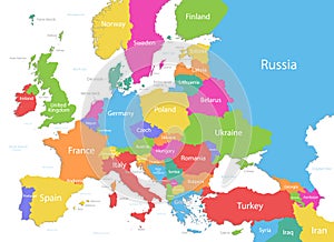 Europe with parts of Asia, multicolored detailed map, individual states and islands and sea with names, on white background