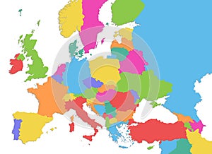 Europe with parts of Asia, multicolored detailed map, individual states and islands and sea, on white background, blank