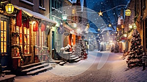 in Europe, people decorated houses and Christmas trees with lights and ornaments, snow illustrate by Generative AI