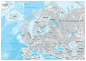 Europe Physical Map. White and Gray
