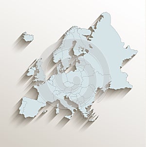 Europe political map, separate states, white blue 3D blank