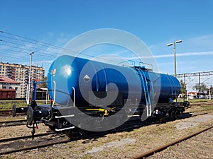 Europe region. Poland country. Jaslo city. Blue railroad tank. Transpotation technology. Petrol or oil tank on a station