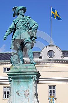 Europe, Scandinavia, Sweden, Gothenburg, Gustav Adolfs Torg, Bronze Statue of the town founder Gustav Adolf at Dusk photo