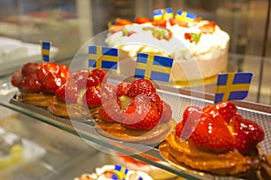 Europe, Scandinavia, Sweden, Gothenburg, Saluhallen, Market Hall Interior, Strawberry Tarts