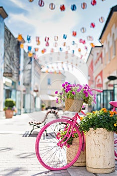 Europe street  bicycles close shops flowers  - up day Sunny