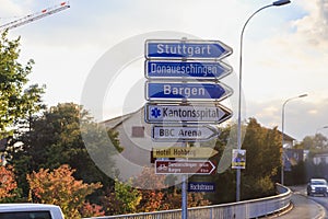 Europe,Switzerland,Information signs - arrows on the road on the way to Stuttgart, Bargen and other -September 28, 2015