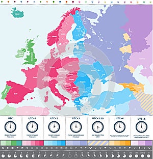 Europe time zones high detailed map with location and clock icons.