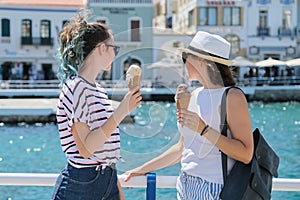 Europe tourist travel cruise vacation, mother and daughter with ice cream