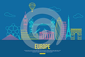 Europe travel background with place for text. Isolated European outlined sightseeings and symbols. Skyline detailed