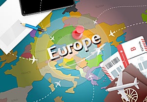 Europe travel concept map background with planes, tickets. Visit