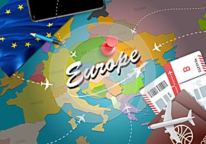 Europe travel concept map background with planes, tickets. Visit