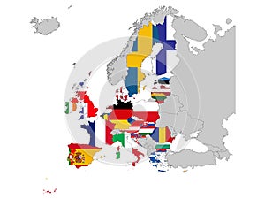 Europe Union countries and United Kingdom with national flag on gray Europe map