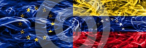 Europe Union and Venezuela colorful concept smoke flags placed s