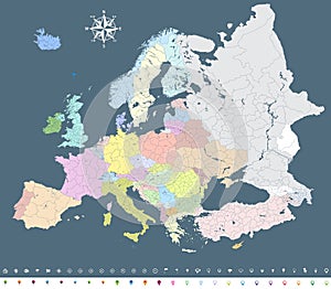 Europe vector colorful political map with regions borders and navigation icons photo