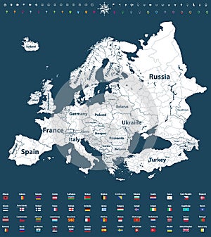 Europe vector high detailed political map with regions borders and all european flags photo