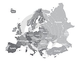 Europe vector high detailed political map with regions borders and countries names. All elements separated in detac