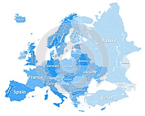 Europe vector high detailed political map with regions borders in tints of blue with countries names photo