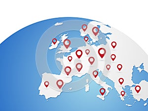 Europe vector map on world globe with red pins